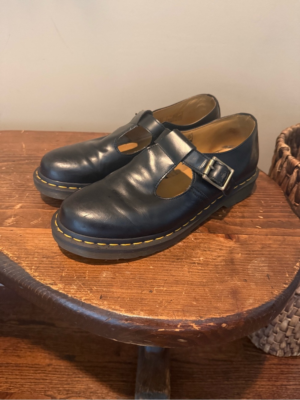 Dr. Martens Black Leather T-Bar Slip-On Loafers with Yellow Stitching